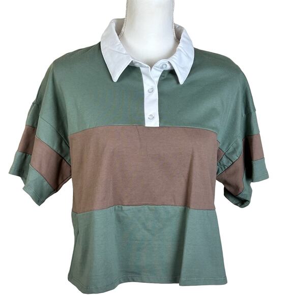 MM MM MM Top Women XL Cropped Green Sage Mocha ColorBlock Collared Tee Dillards - Picture 1 of 10